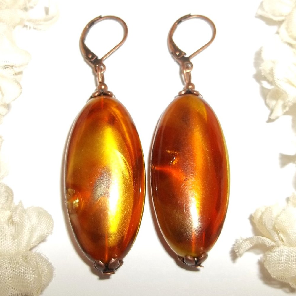 Boho Statement Earrings Orange Yellow Brown Copper Beaded Jewelry Dangle A664